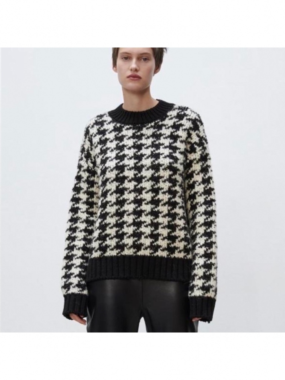 ZARA Oversized Houndstooth crewneck knit sweater chunky
